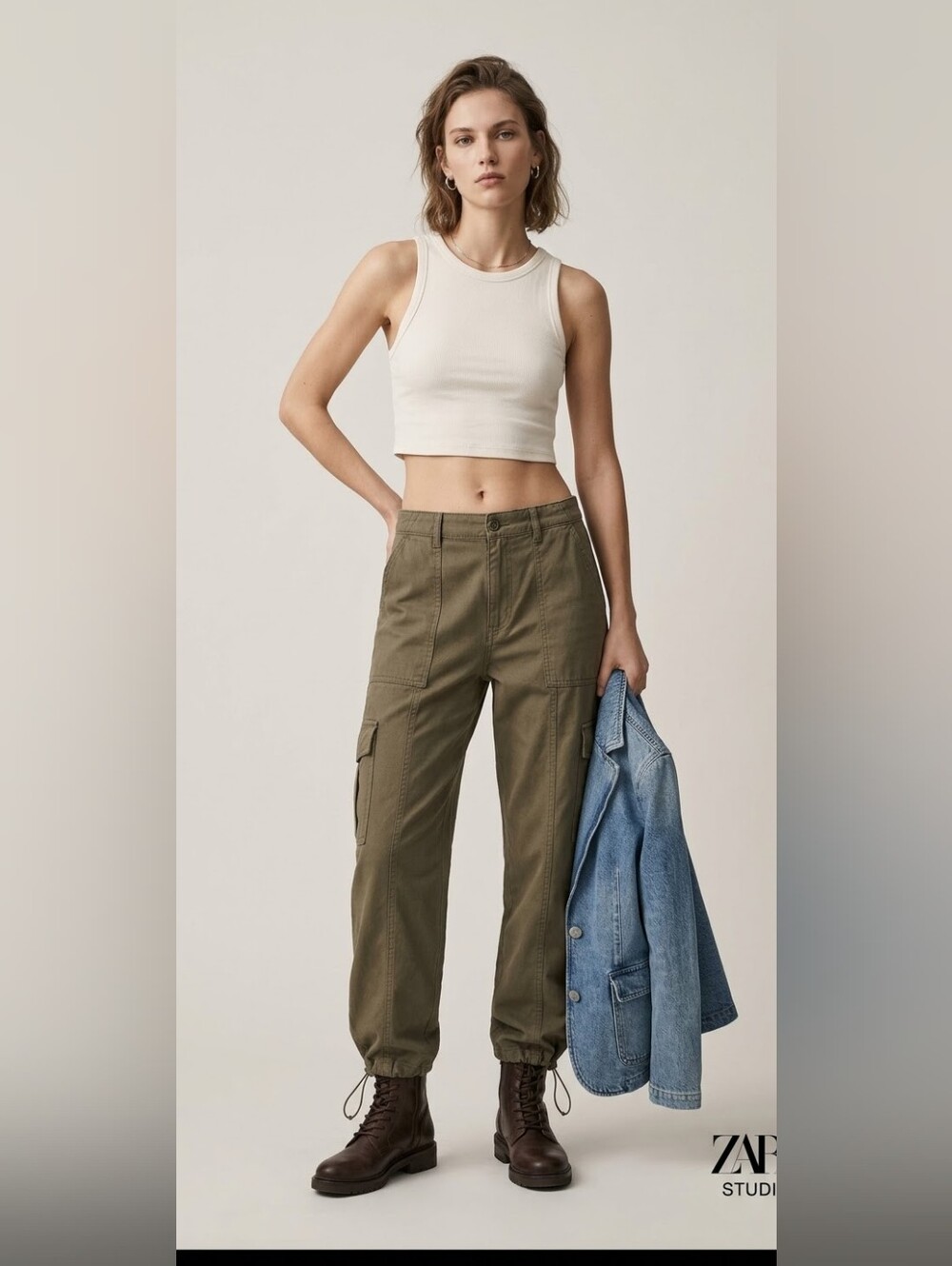 Women's Olive Green Cargo Pants With Draw Strings - S